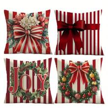 Set de 4 fundas de cojín navideñas - Rayas rojas y blancas con guirnalda, lazo y diseño de letra "Joy" - Perfectas para fiestas navideñas y decoración del hogar, sala de estar, dormitorio - Fundas de cojín de lino de alta gama con cierre de cremallera - Regalo de Navidad ideal (No incluye los insertos de los cojines)