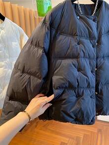 Women's Winter Solid Color Double-Breasted Jacket, Fashionable Short Quilted Coat, Winter Casual Round Neck Overcoat, With Pockets, Winter Clothing