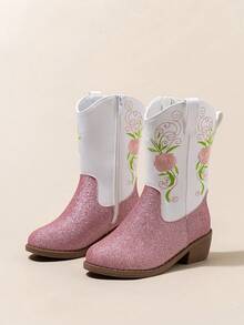 1 双女童拼色花卉刺绣休闲靴，时尚日常穿着，秋冬，生日/圣诞礼物 - 白色 - 查看 5