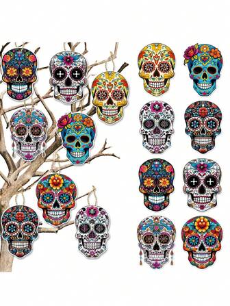 8 件鲜艳的墨西哥糖骷髅挂饰 - 彩色亡灵节派对装饰，万圣节和亡灵节庆祝活动的复古节日纸骷髅，墨西哥派对装饰