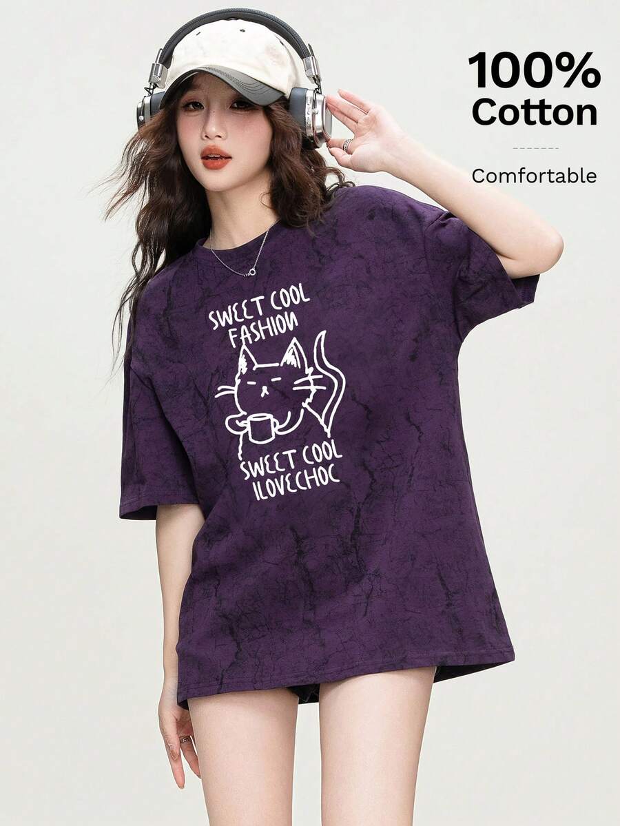 猫咪印花宽松休闲短袖T恤，日常穿着