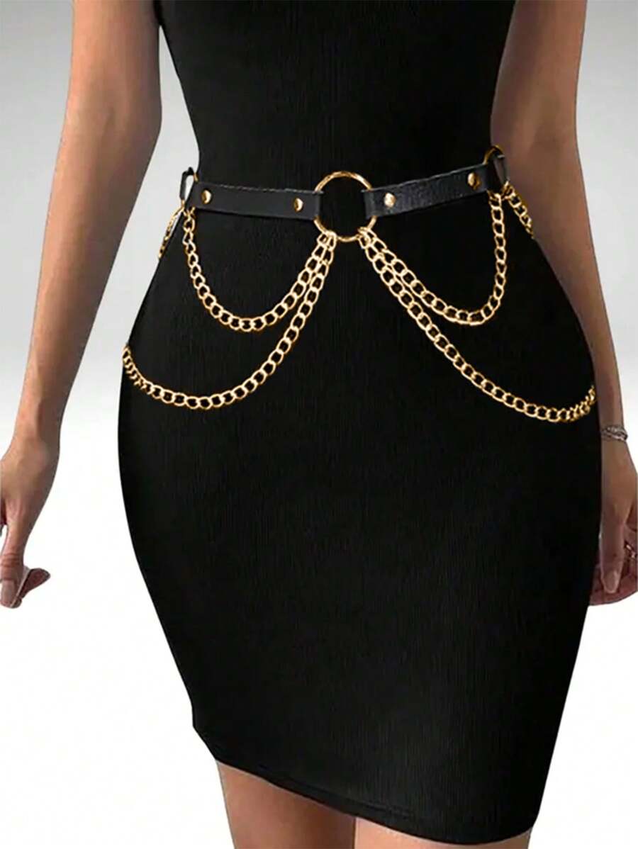 1 pieza Cinturón negro para mujer con cadena y arnés de la cintura, accesorio de ropa punk gótica para uso diario y de festival