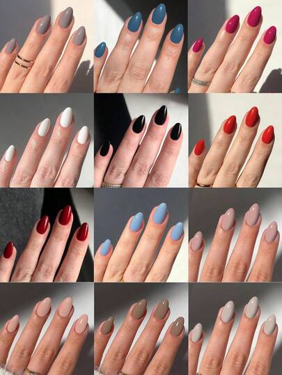 288 件/套（12 款混合）短椭圆形裸色春夏颜色中长杏仁亚克力指甲贴全覆盖假指甲贴带收纳盒适合女性和女孩日常生活和派对使用美甲用品指甲