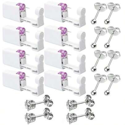 Pistola descartável para perfuração de orelhas com 8 peças, brincos embutidos e 4 brincos de zircônia cúbica - Kit de perfuração de orelhas simples e fácil de usar