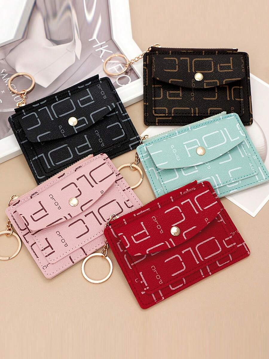 Letter Print Thin Card Holder, Portable Small Card Wallet, Coin Purse, Key Ring Card Sleeve - Multicolor - View 1
