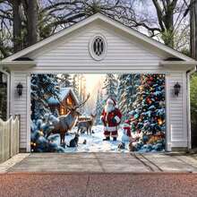 1 件圣诞节聚酯纤维车库门横幅 - 带有圣诞老人和驯鹿的雪景节日墙面装饰，适合节日期间的户外装饰