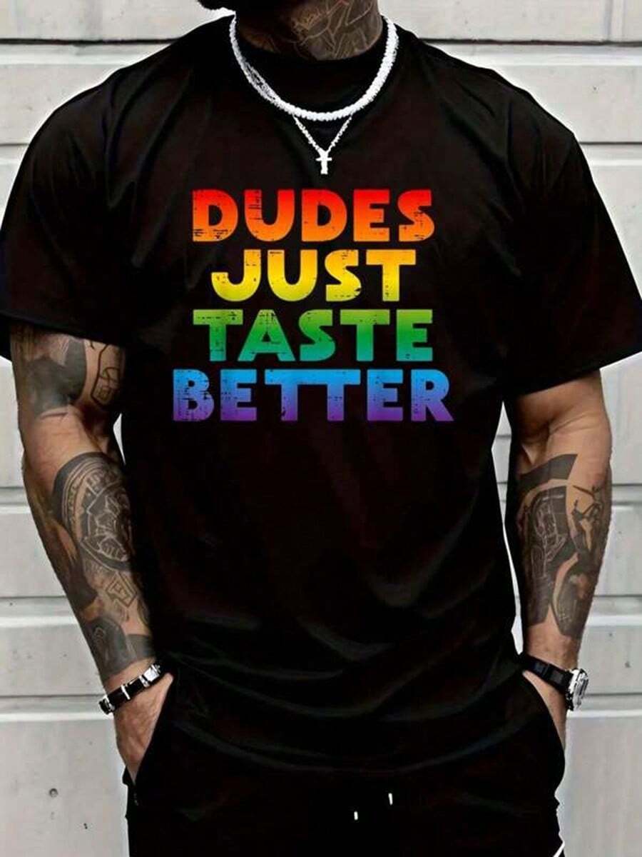 Gay Dudes Just Taste Better Rainbow Pride Flag LGBTQ Men T-Shirt Vintage Shirts Graphic Tees Men Camisas Para Hombre Funny Shirts Printed & Shipped In USA - 黑色 - 查看 1