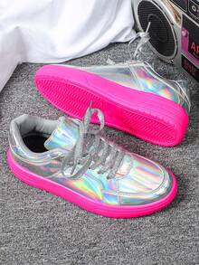 Glossy Silver Metallic Minimalist Casual Shoes, Durable Soft Pink Sole Christmas Party Couple Sneakers, High Street Sports Walking Shoes, Gift For Men, Skateboarding Shoes - 炫彩銀玫紅底 - 查看 3