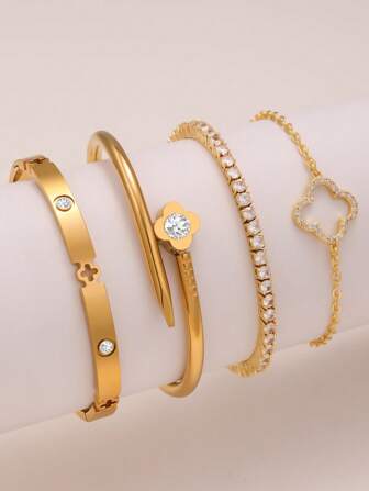 2 piezas Set de pulseras de joyería con flor de circonita de acero inoxidable, pulsera de cuatro hojas chapada en oro de 18K con diseño de flor, circonia microincrustada, adecuado para fiestas de mujeres, desgaste diario, estilo europeo y americano, personalizado, generoso, Sets para joyas de boda, regalo para niñas, mujeres y familiares, amigas, hermosa boda y cumpleaños