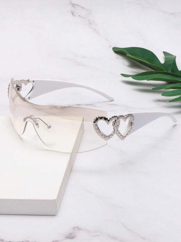 1PC Frameless One-Piece Lens With Metal Heart-Shaped Decoration, Ladies' Fashion Glasses