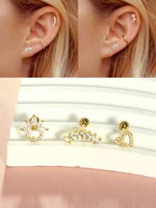 Juego de 3 pendientes cartílago de 16G con parte posterior plana, joyería de acero inoxidable para piercings en hélix, concha, daith y trágus con ópalo CZ, flor, serpiente y hoja con cierre de rosca, para mujeres - pendiente de bola - Ver 16