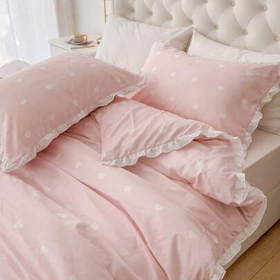 2/3件套100%涤纶心形蕾丝被套组（不含被芯），（1个被套和1/2个枕套），现代涤纶床上用品套装，四季皆宜