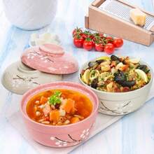 SHUS0033-2 Pack Ceramic Ramen Noodle Bowl 27 OZ Big Ramen Bowl With Lid Panese HandPainted Ceramic Tablre Durable Floral Soup Bowl For Noodles Porridge Rice Dishwasher Safe Pink Cyan Blue - PinkCyan - View 7