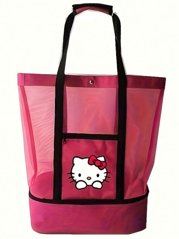 Sanrio 1pc Hello Kitty Multi-Function Polyester Outdoor Travel Bag With Toiletry Pouch & Mesh Beach Tote Bag, Durable, Multi-Compartment, Cute Design, Suitable For Summer, Beach, Picnic, Shopping