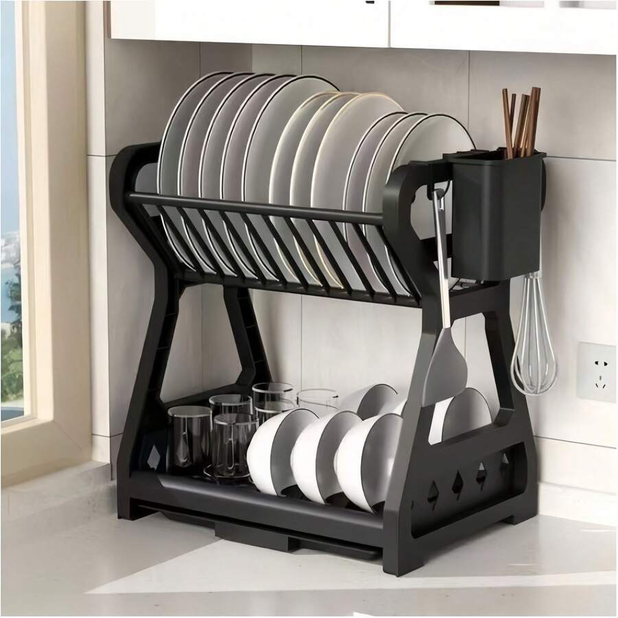 Escorredor de pratos de cozinha removível para pratos e talheres de plástico - Preto - Visão 1