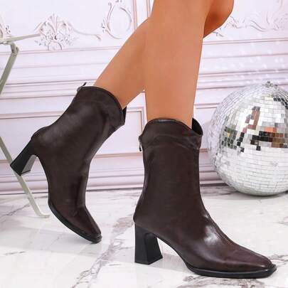 Botas de tobillo con cremallera trasera estilo occidental para mujer, botas de tobillo con tacón grueso de color marrón oscuro y tacón alto
