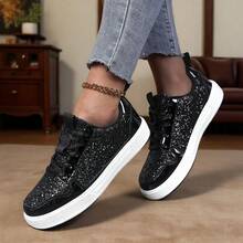 畅销平底休闲时尚运动鞋，女士时尚百搭休闲鞋，防滑耐磨轻便运动鞋，纯色 PU 鞋面，闪亮休闲滑板鞋，适合所有季节 - 黑色 - 查看 7