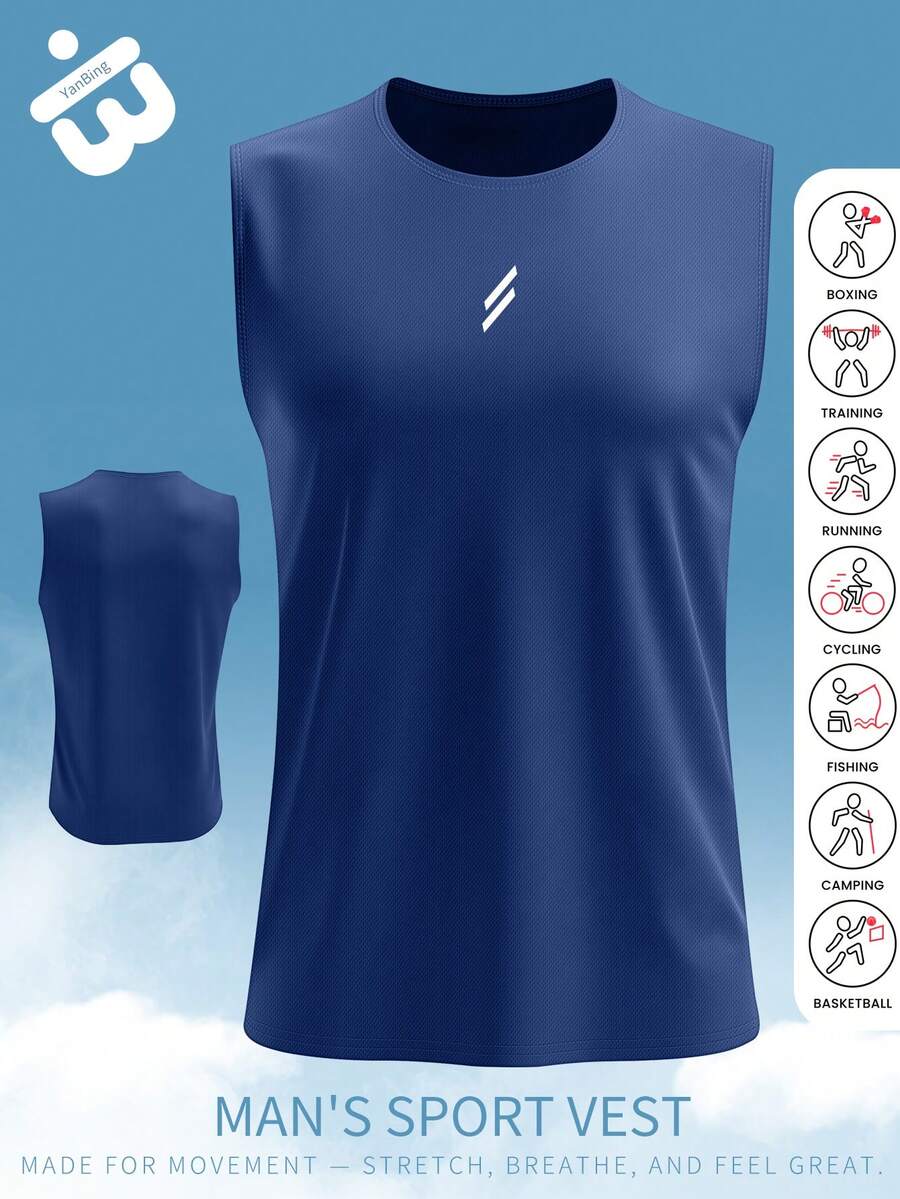 ملابس علوية رياضي رجالي بدون أكمام وفضفاض، قابل للتنفس ومريح للياقة البدنية والجري والكرة السلة والدراجات والرقص والرياضات الخارجية والارتداء اليومي العادي، أنيق ومتعدد الاستخدامات - أزرق غامق - مشاهدة 1