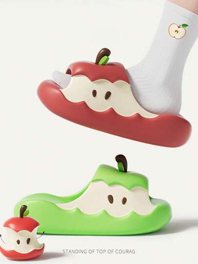 Women's 2025 New Apple Design Cartoony Cute Indoor Comfy Thick Sole Slippers, Couples Style For Dorm Room