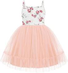 2025Toddler Girls Tulle Dress Rainbow Tutu Birthday Princess Dresses Formal Photo Shoot Outfit Summer Clothes 2-6T'Sprout Style' - 粉紅色花卉 - 查看 1