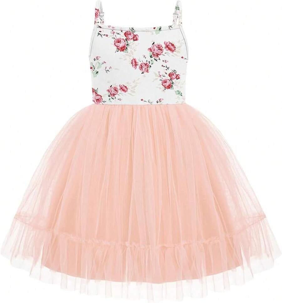 2025Toddler Girls Tulle Dress Rainbow Tutu Birthday Princess Dresses Formal Photo Shoot Outfit Summer Clothes 2-6T'Sprout Style' - 粉紅色花卉 - 查看 1