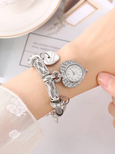 1pc Fashion Rhinestone Decor Alloy Pendant Bracelet Watch, Minimalist Quartz Watch For Women