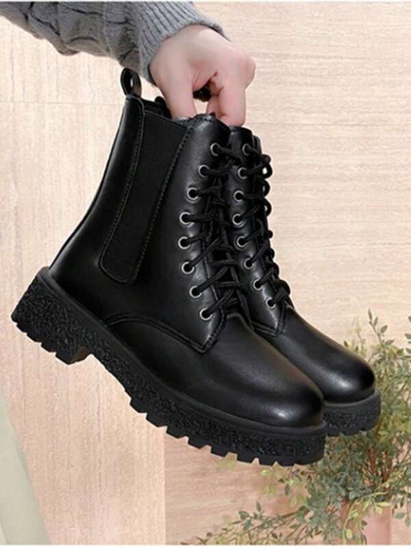 Botas de Tornozelo Estilo Punk Plus Size para Mulheres, Nova Chegada Casual Estilo Francês de Dedo Redondo com Salto Grosso Cor Sólida, Outono