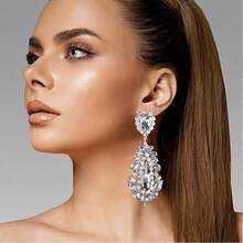 1 Pair Prom Drop Chandelier Earrings For Women Dangling Bling Hypoallergenic Large Rhinestone Earrings Formal Wedding Jewelry - 銀色 - 查看 6