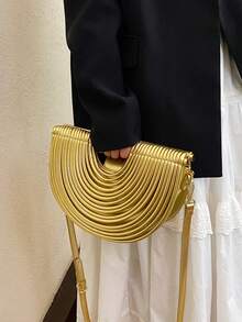 2025新款夏季时尚创意手工编织金色手提包，女士钱包，独特派对包，半圆形包，可单肩斜挎，适合度假、通勤、聚会、舞会和派对