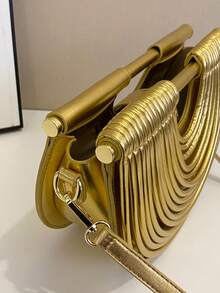 2025新款夏季时尚创意手工编织金色手提包，女士钱包，独特派对包，半圆形包，可单肩斜挎，适合度假、通勤、聚会、舞会和派对