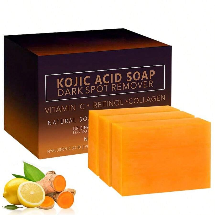 3 Pcs Kojic Acid Dark Spot Remover Soap Bars With Vitamin C, Retinol, Collagen, Turmeric - Original Japanese Complex Infused With Hyaluronic Acid, Vitamin E, Shea Butter, Castile Olive Oil - 黃色 - 查看 1