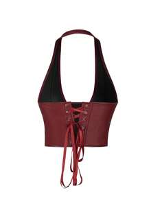 Apperloth A Top corto de fiesta con escote en V, espalda descubierta, ajustado, de piel sintética PU, con abertura, remaches y cordones, estilo Punk Y2K, para fiestas, clubes nocturnos y festivales de música - Burdeos - Ver 6