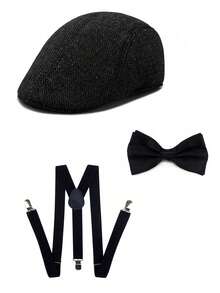 3pcs 1920s Men Gangster Accessories Set Including Beret Hat, Suitable For Daily Wear And Role Play Halloween - Multicolor - View 3