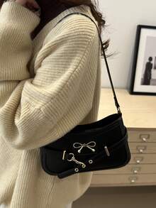 1pc Quilted Zipper Closure PU Solid Color Square Bag, Fashionable Handfeel Versatile Underarm Bag For Women, Personalized Strap Decor Bow Accent Minimalist Commuter Shoulder Bag, Large Capacity Vintage Vibe Suitable For Daily Use, Outing, Dating - Black - View 4