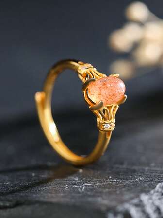 Birthstone Ring Natural Sunstone 7x5mm S925 Silver & 18K Gold Plated Adjustable Bohemian Stacking Jewelry