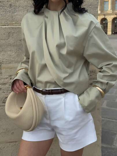 Women's Autumn Winter Casual Simple, High-End, Solid Color Small Stand Up Collar Long Sleeved Top, Semi Formal Solid Green Dress Shirt