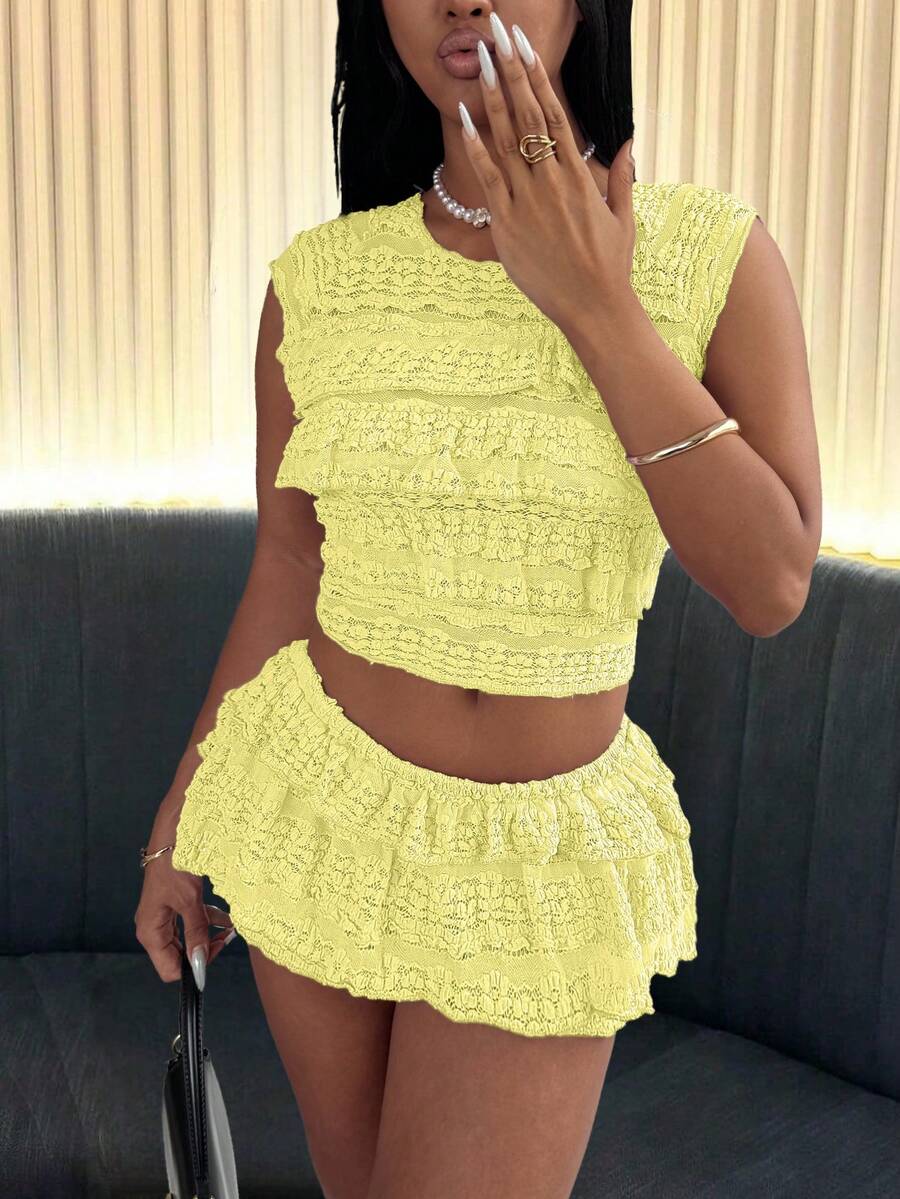 Knitted Lace Jacquard Ruched Round Neck Top And Mini Skirt Set, Spring/Summer - Mustard Yellow - View 1