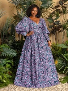 TribalChic Plus 女式大码连衣长裙：修身 V 领，优雅灯笼袖，时尚高开衩，飘逸 A 字廓形。适合日常出游、海滩休闲漫步、周末度假和户外野餐。 - 紫色 - 查看 3