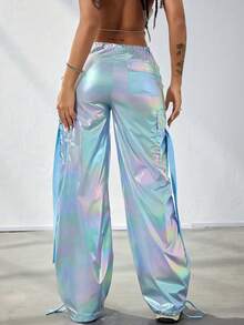 Y2K Holographic Laser Flap Pocket Side With Tape Drawstring Waist Wide Leg Parachute Cargo Pants Daily Casual Comfy Trousers Party Festival Outfit - 藍色 - 查看 5