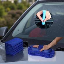 Kit com 7 peças de esponja e toalha para lavagem de carro, incluindo 1 esponja de limpeza de chenille com luva e 5 toalhas de microfibra macias e altamente absorventes - superabsorventes, sem arranhões e reutilizáveis, além de 1 escova de cerdas macias - para limpeza de carro, casa e cozinha, sem bateria