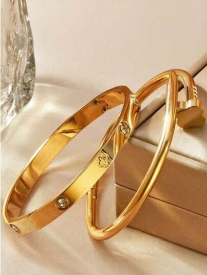2pcs/Set Boho Style Stainless Steel Gold Lucky Clover, Heart & Star Bangle Bracelet Set, 18K Plated With Rhinestones - Perfect For Shopping, Costume Parties And Romantic Dates, Gift