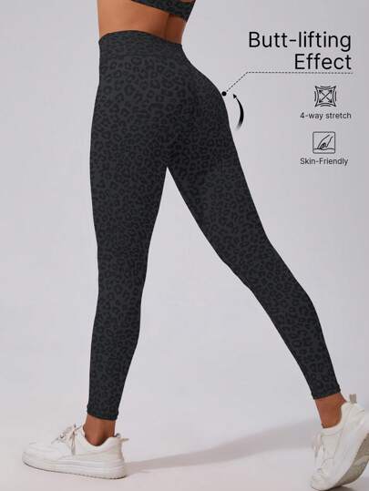 1 Pair Women High Waist Butt Lifting Leopard Print Leggings, Stretchy, Breathable, Moisture-Wicking, Suitable For Gym, Yoga, Pilates, Outdoor, Casual, Sports, Running, Cycling, Tennis, Badminton, Football, Golf