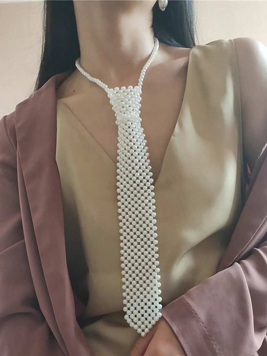 Faux Pearl Knitted Hollow Out Beaded Scarf, Vintage Neck Decorative Collar Accessory To Match Shirts