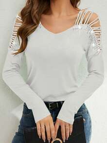 Women's Rhinestone Blouse - Sparkle V Neck Long Sleeve Top With Cutout Detail, Slim Fit Party T-Shirt, Evening Glam Tops For Clubbing  Date NightsWomens V Neck Tops Cutout Long Sleeve Rhinestone Slim Fit T-Shirts Sparkle Blouses - White - View 3