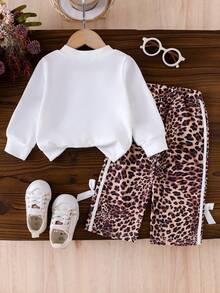 Baby Girl 2pcs Set Leopard Bow Print Long Sleeve Sweatshirt Top And Leopard Stripe 3D Bow Decor Straight Leg Pants Outfit - White - View 3