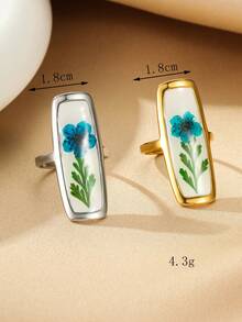 1 件/2 件女士不锈钢金色/银色矩形干花树脂开口戒指，适合日常佩戴，花形可能与图片不同