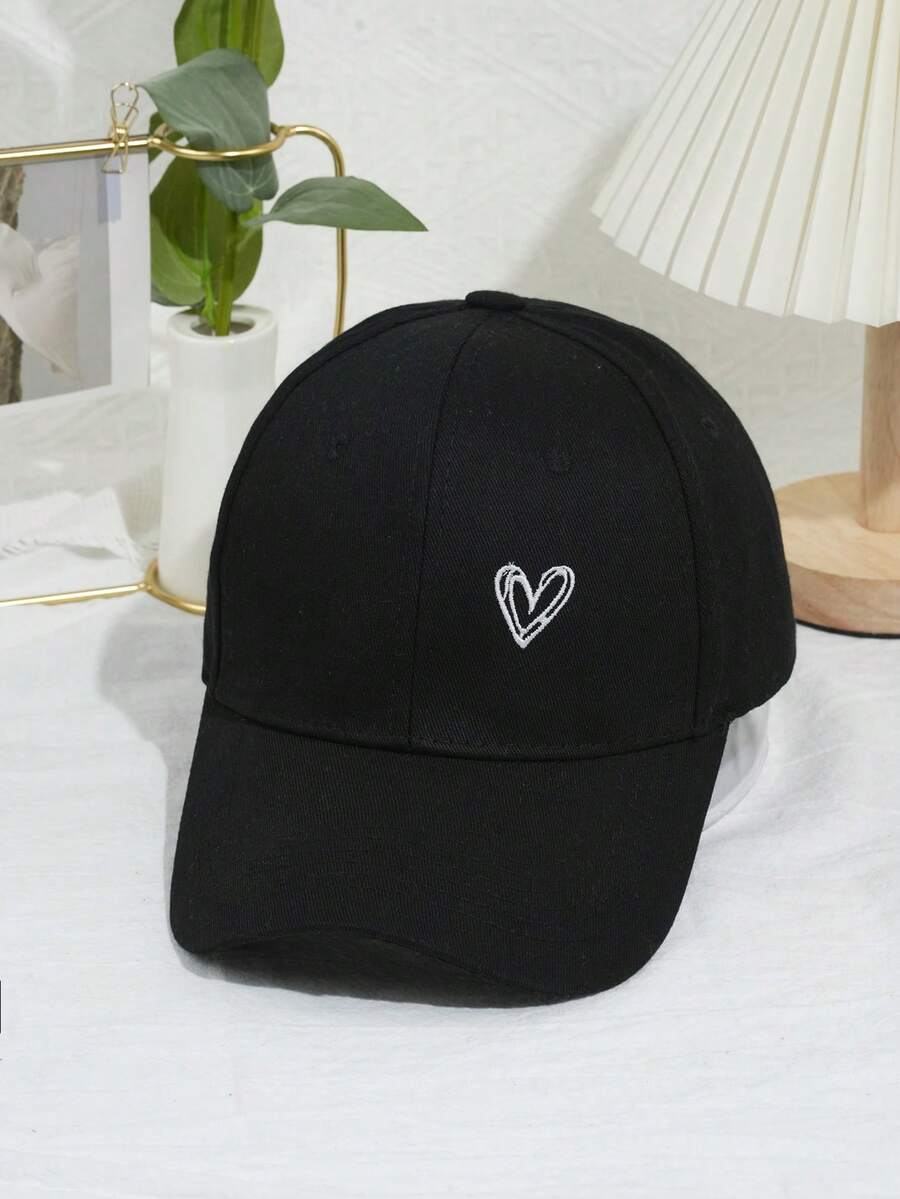 1 件男女通用 Y2K 风格白色心形印花可调节棒球帽，透气时尚，适合日常休闲佩戴 - 黑色 - 查看 1