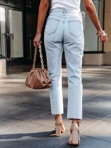 European & American Style Women Casual Versatile Stretch Fitted Light Blue Washed Denim Straight Leg Jeans, Daily Wear - Light Blue - View 5