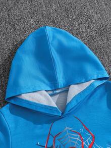 Young Boys' Casual Streetwear Outdoor Sports Cute Cartoon Spider Web & Letter Print Soft Comfortable Hoodie Sweatshirt, Autumn