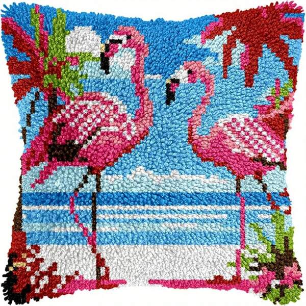 Flamingos Latch Hook Kits For Adults, Beginners DIY Hooked Pillow Kit Pre-Printed Pillowcase Hook And Latch Rug Kits Cross-Stitch Cushion Cover For Home Sofa Decoration 43cm/16.93inx43cm/16.93in